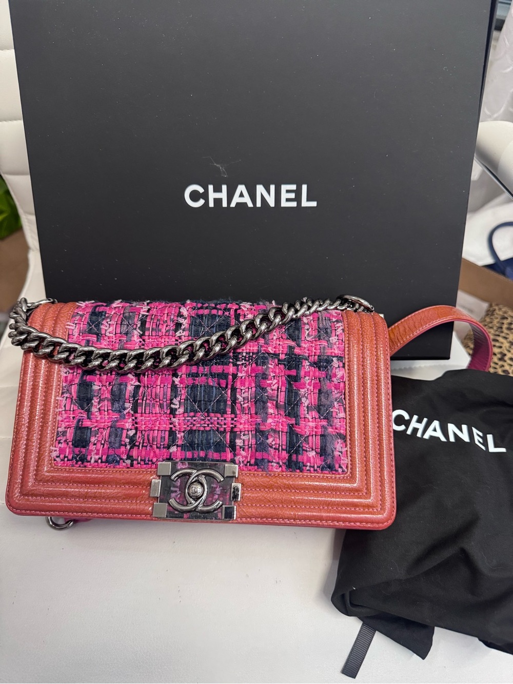 CHANEL Pink Tweed and Leather Boy Bag w/ Box and Dust Bag